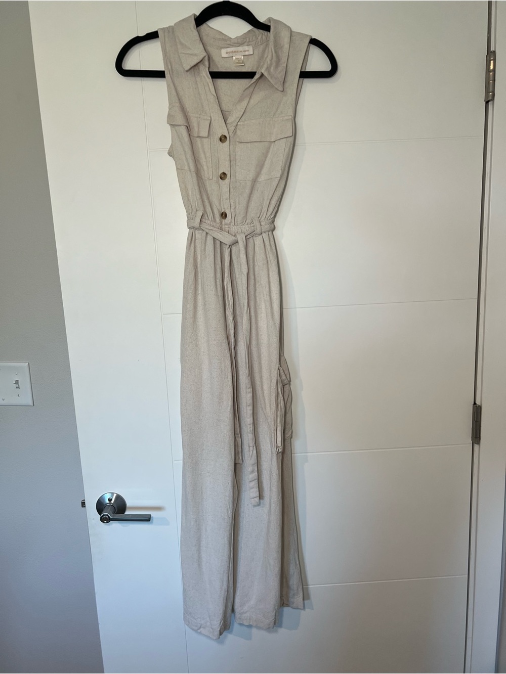 Sleeveless Collared Button-Front Jumpsuit in Light Beige